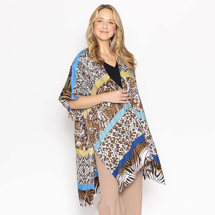 Multi Animal Printed Cover Up Kimono Poncho for wholesale by Sensibling Corp.
