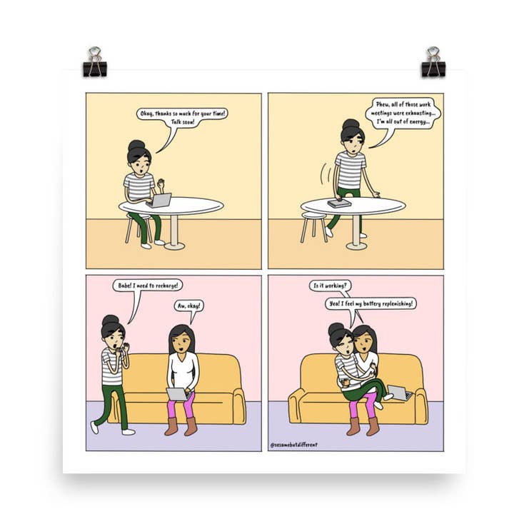Recharge | Cute Lesbian Relationship | Pride Gifts | LGBTQ Comic Print for wholesale by Sesame But Different