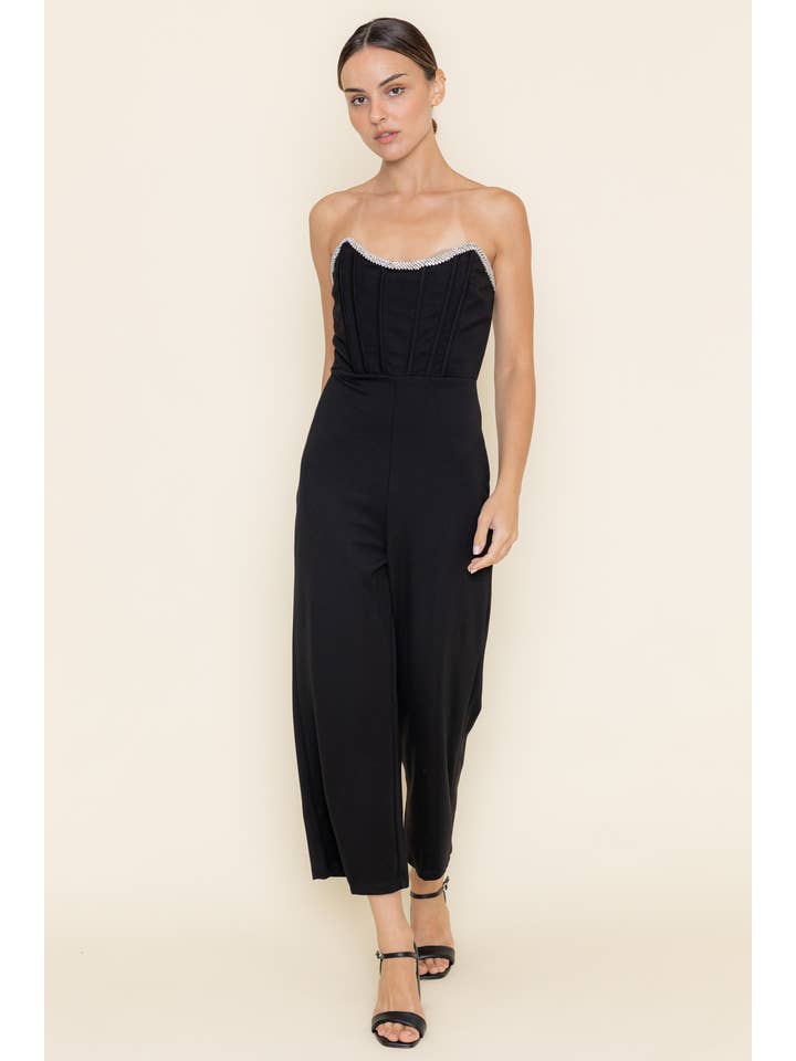Black CRYSTAL DETAILED NECKLINE BANDEAU TOP JUMPSUIT- PI6617FO for wholesale on Faire