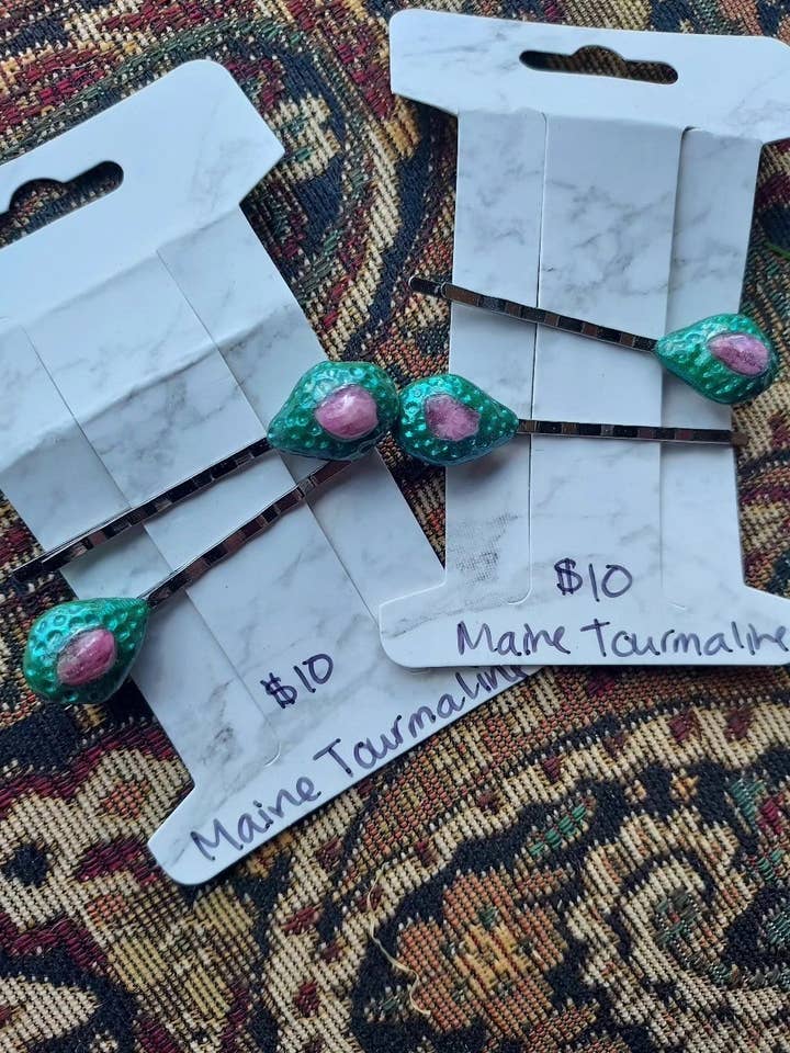 Maine Pink Tourmaline Bobby Pins for wholesale by Stones and Homegrowns