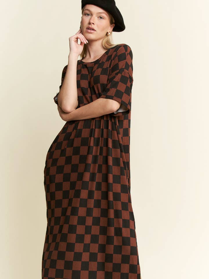 JADE BY JANE - Wholesale Dress - Women's - 1/2 SLEEVE RIBBED CHECKERBOARD MIDI DRESS