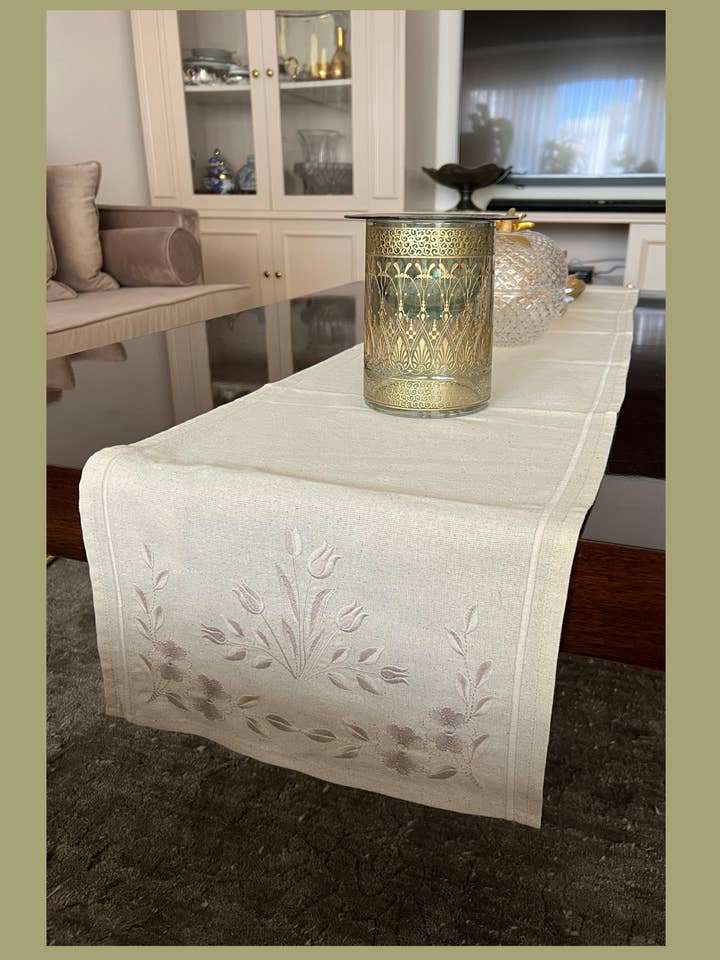 Timeless Blooms | Bloom | Soft Cream Embroidered Linen-Look Runner for wholesale by Robin & Franko Distributors Inc.