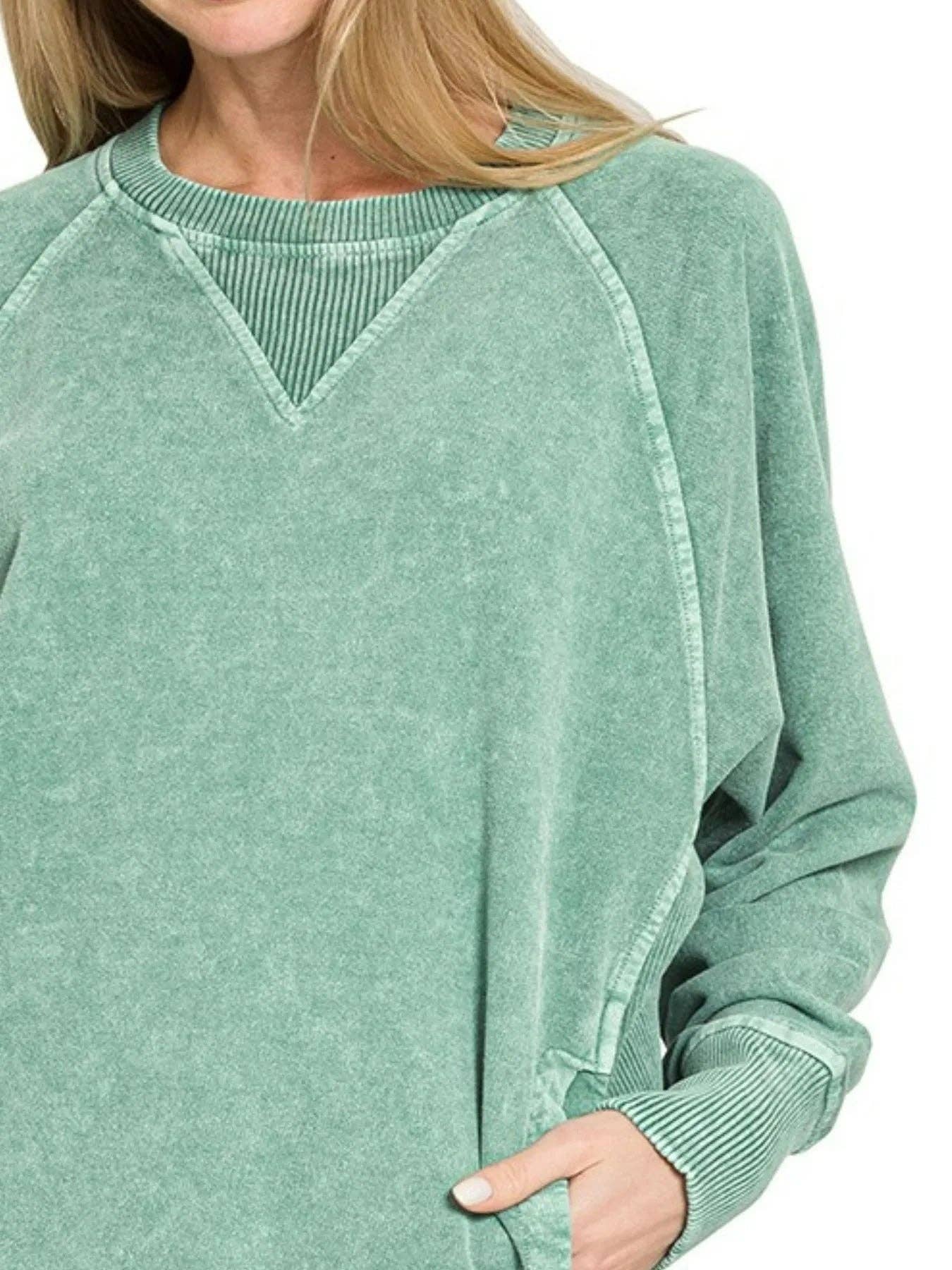 DK GREEN Zenana Halo Snow Washed French Terry Round Neck Sweatshirt for wholesale on Faire1