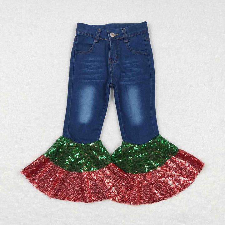 Baby Girls Christmas Denim Sequin Bell Bottom Pants Jeans for wholesale by Aier Wholesale