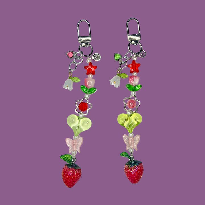 Strawberry Swirl Keychain | Whimsical Fairycore Cottagecore Cute Butterfly Floral Botanical for wholesale by Faebelle Haven