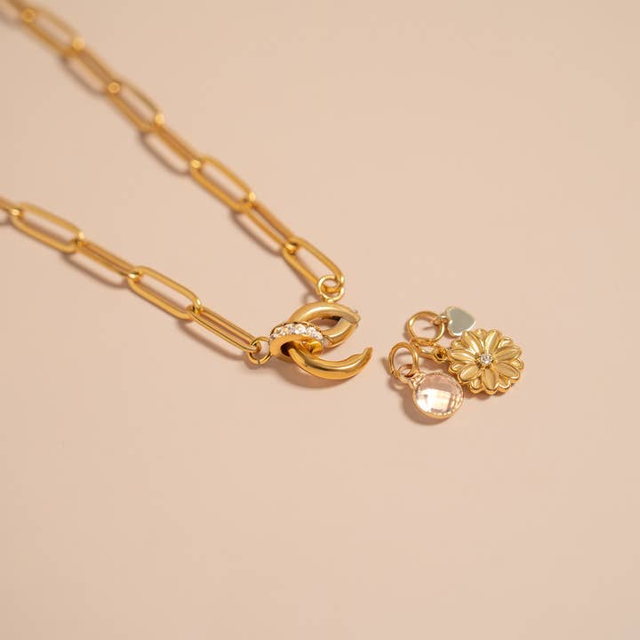 WJW - Wholesale Pendant/Charm Necklace - 18K Gold PVD Paperclip Rhinestone Charm Holder Necklace