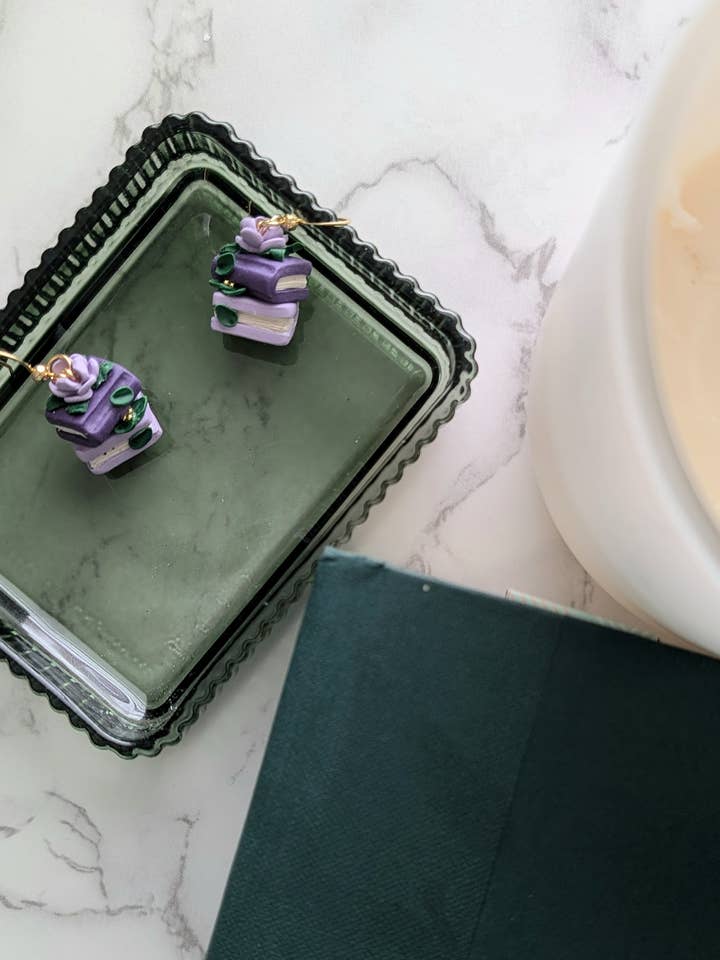 FLORAL STACK OF BOOKS EARRINGS | POLYMER CLAY BOOK DANGLES for wholesale by Thea & Grace