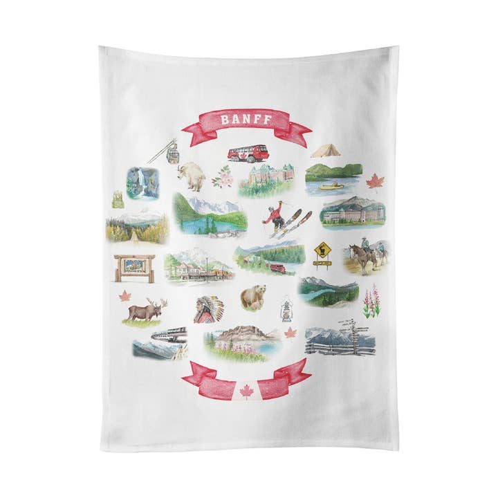 Banff Canadese Rockies Geïllustreerde Theedoek – Schilderachtige Keukendecoratie voor wholesale door Northern Icons Canada