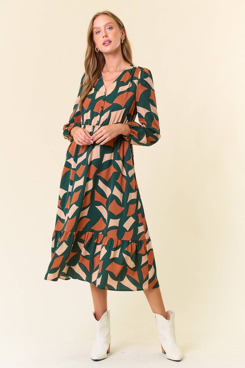 Doe and Rae - Wholesale Dress - Women's - Abstrct Print V-Neck Half Button Front Midi Dress - 27816D6