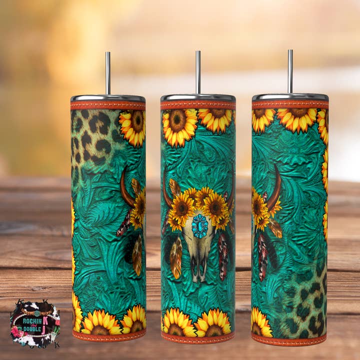 Tooled Leather Sunflower Tumbler for wholesale by Rockin K and Double J