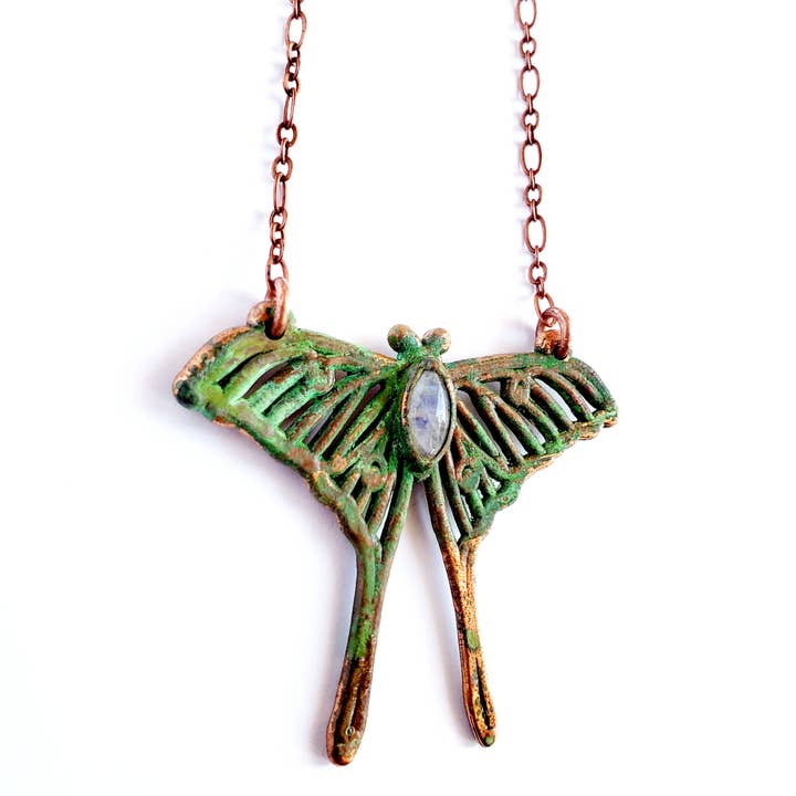 Rainbow Moonstone Luna Moth Necklace for wholesale by MergingMetals