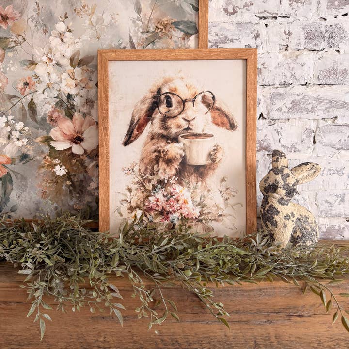Konijn met Bril en Koffiekop Houten Bord voor wholesale door WillowBee Signs & Designs