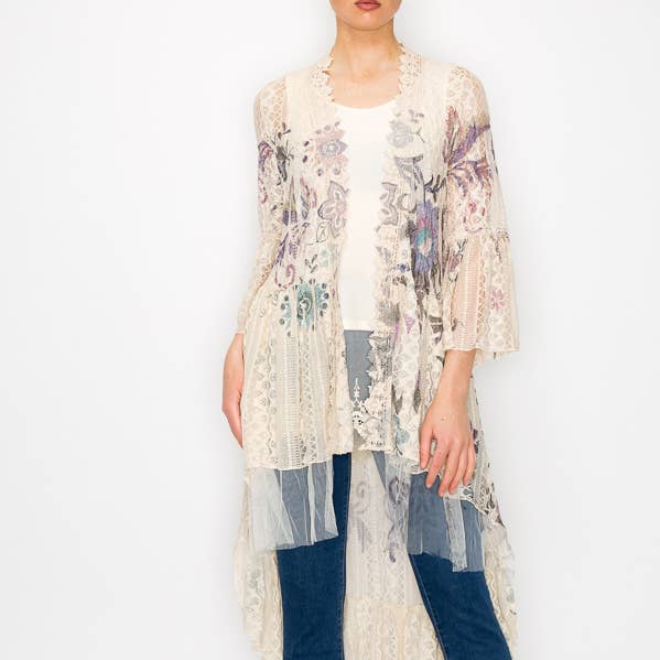 Cardigan Kimono Éthéré en Dentelle à Étages Haut-Bas - 4508 BG/EMBO FL pour la vente par Origami Apparel ~ Lace and Crochet inspired