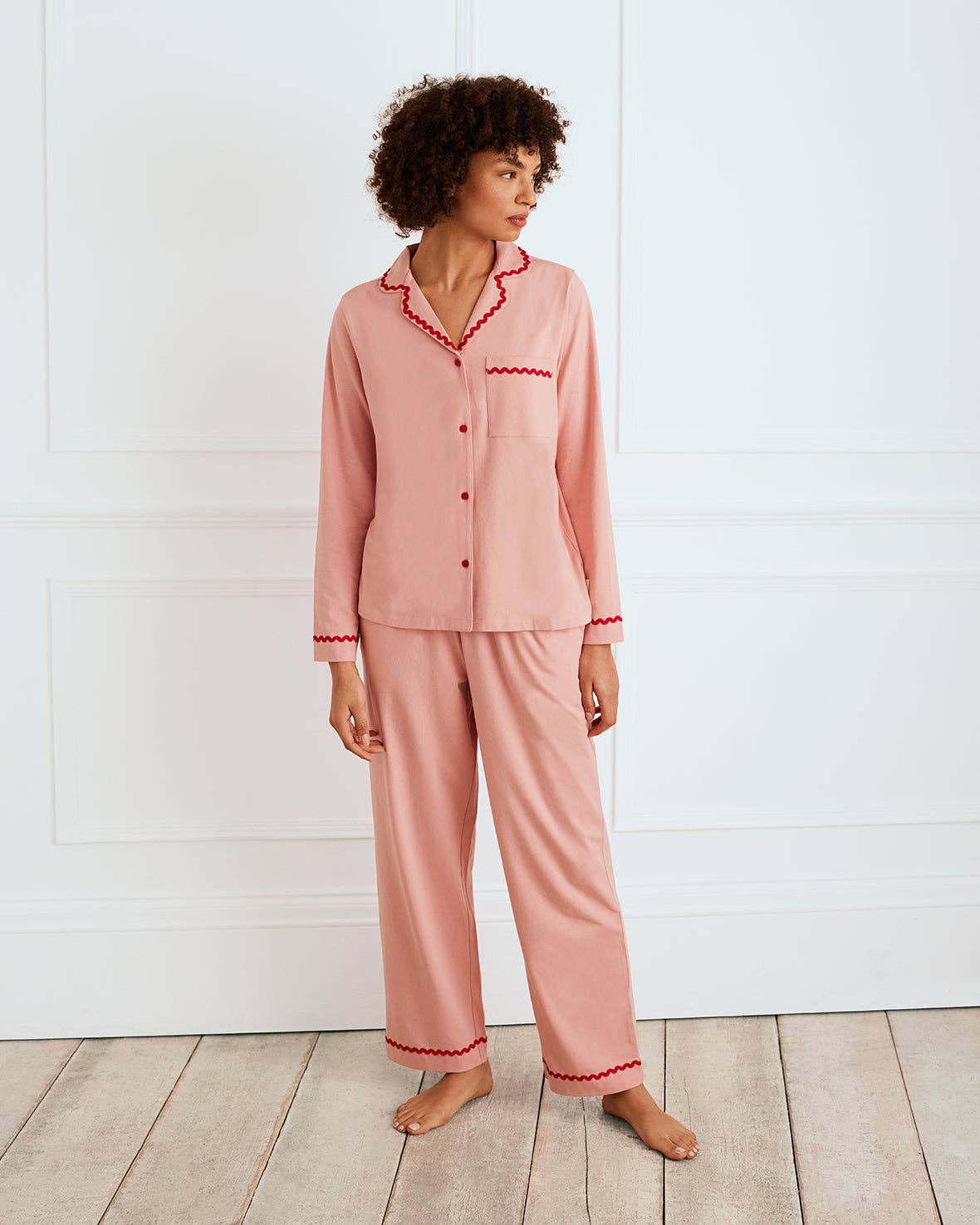 Pink Organic Cotton Embroidered Back Good Morning Long Pyjama Set for wholesale on Faire1