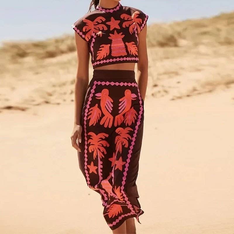 PRINTING Vintage Print Short Sleeve Top With Split Hem Skirt Set for wholesale on Faire1