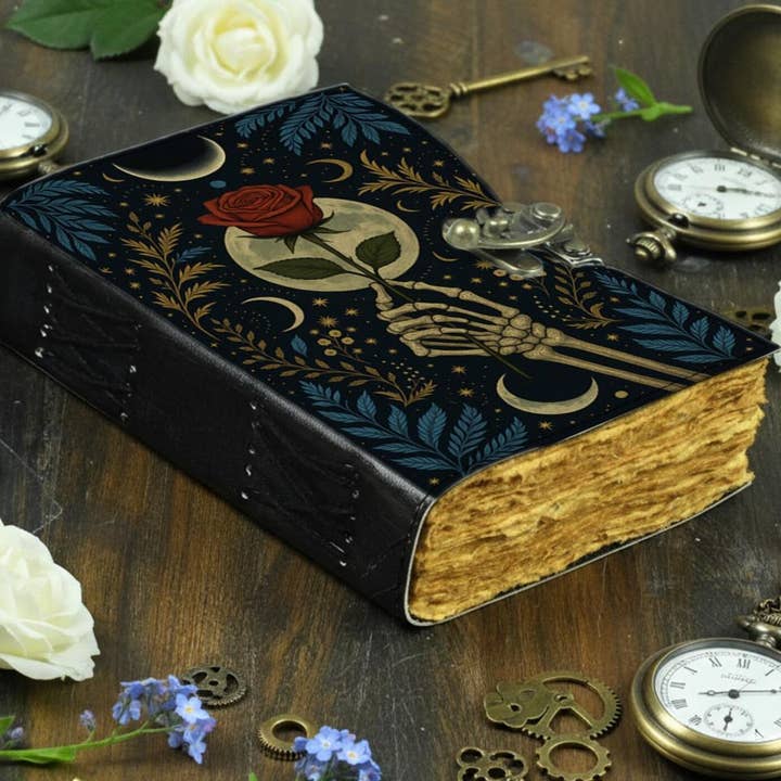 MNM HANDICRAFTS – Großhandel Tagebuch – Gotisches Lederjournal mit Skelett-Hand, Rose – Handgefertigt2