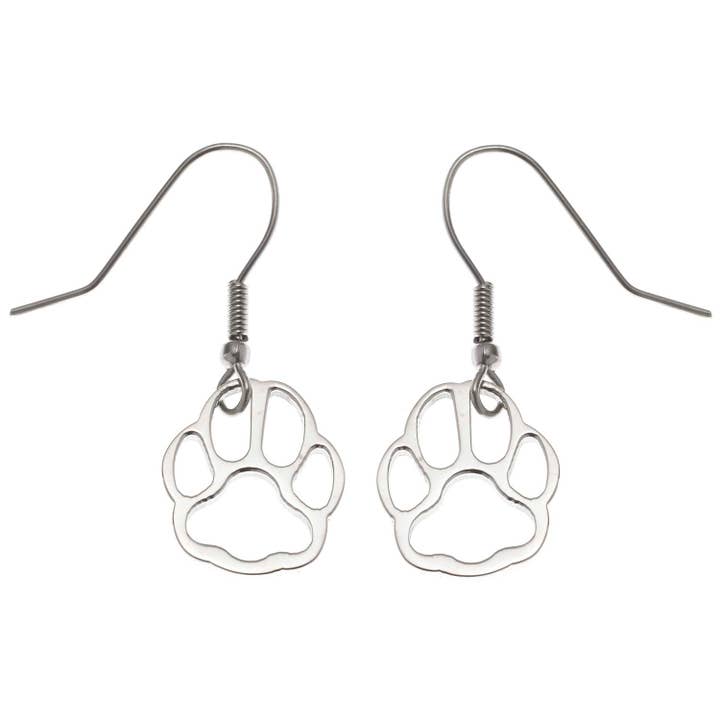 Boucles d'oreilles pendantes Open Paw Print en acier inoxydable pour la vente par Joyful Sentiments