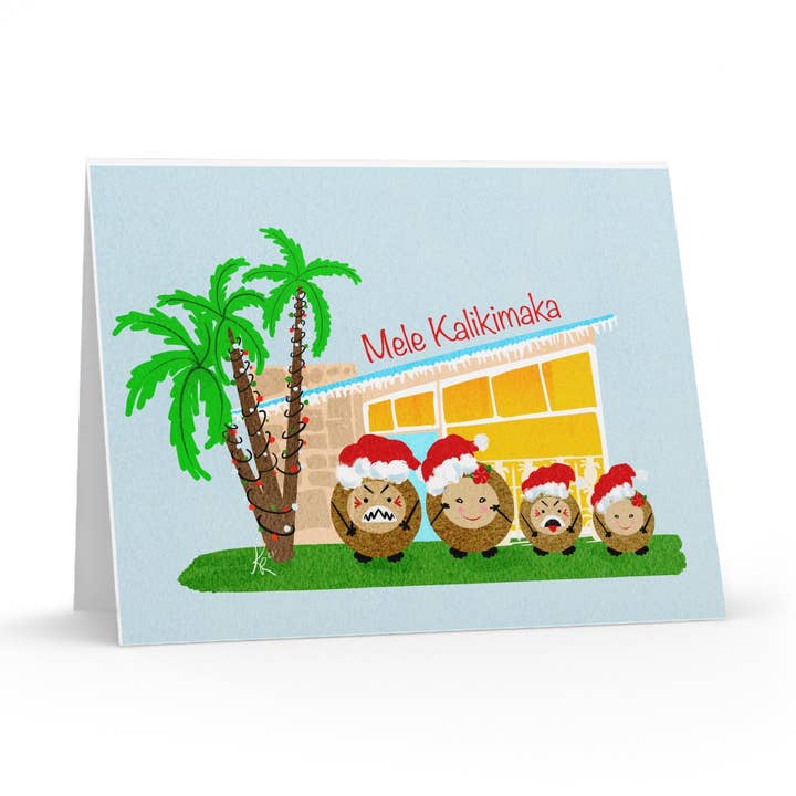 Mele Kalikimaka Kokosnuss Familie (Sohn & Tochter) Leere Grußkarten (8, 16 und 24 Stück) für den Großhandel von Kimberly Ratliff Art