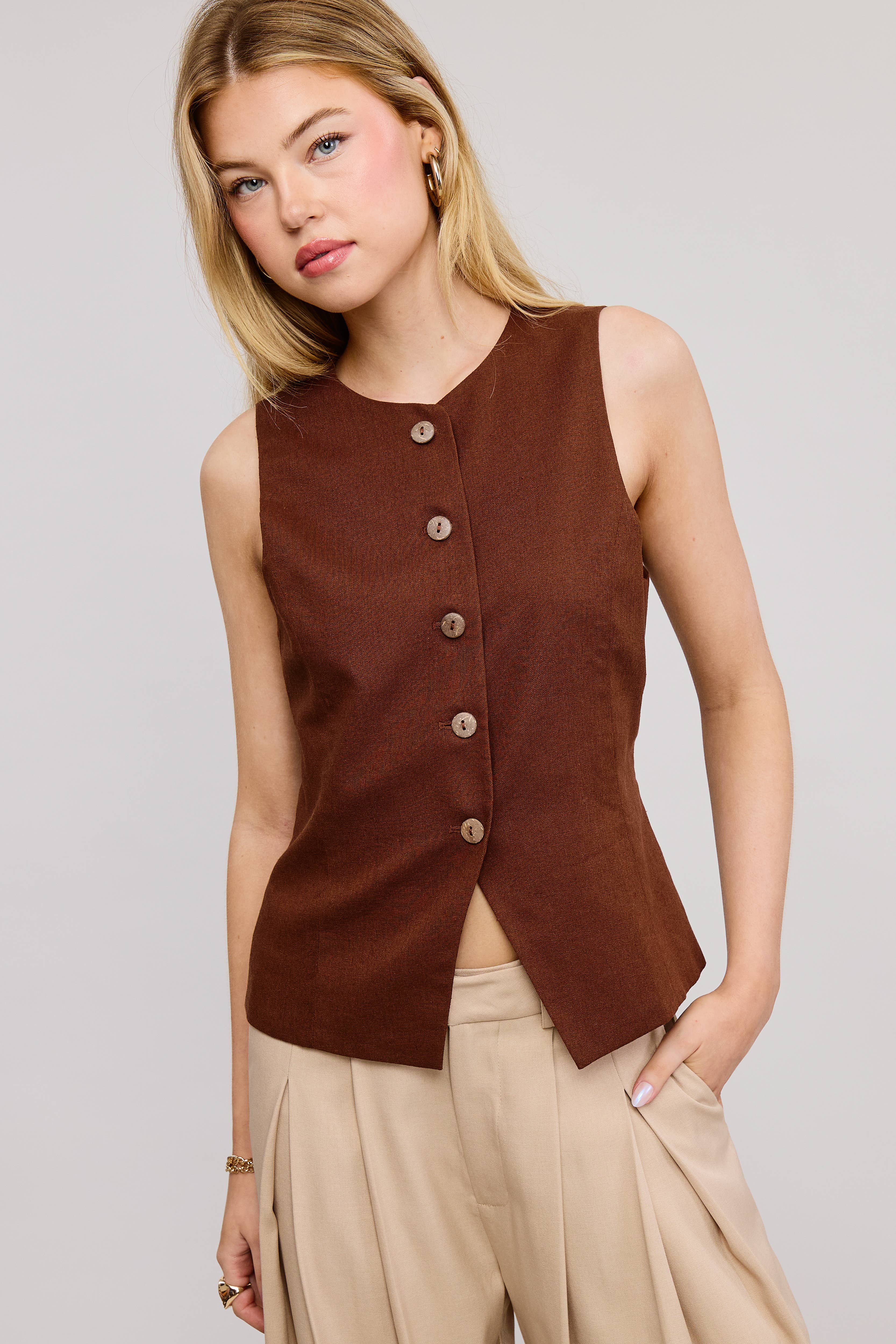 Mimosa - Wholesale Outerwear Vest - Women's - Button Down Sleeveless Round Neck Waistcoat Vest25