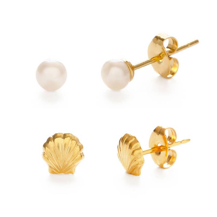 Seashell and Pearl Stud Earring Combo for wholesale by Amano Studio