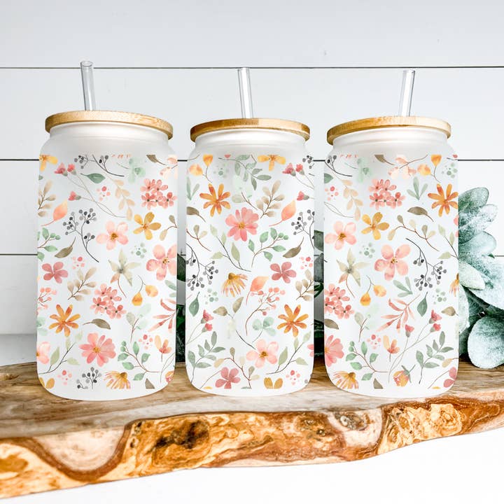 Watercolor Floral Glass Cup, 16oz Drink Cup for wholesale by Breeco