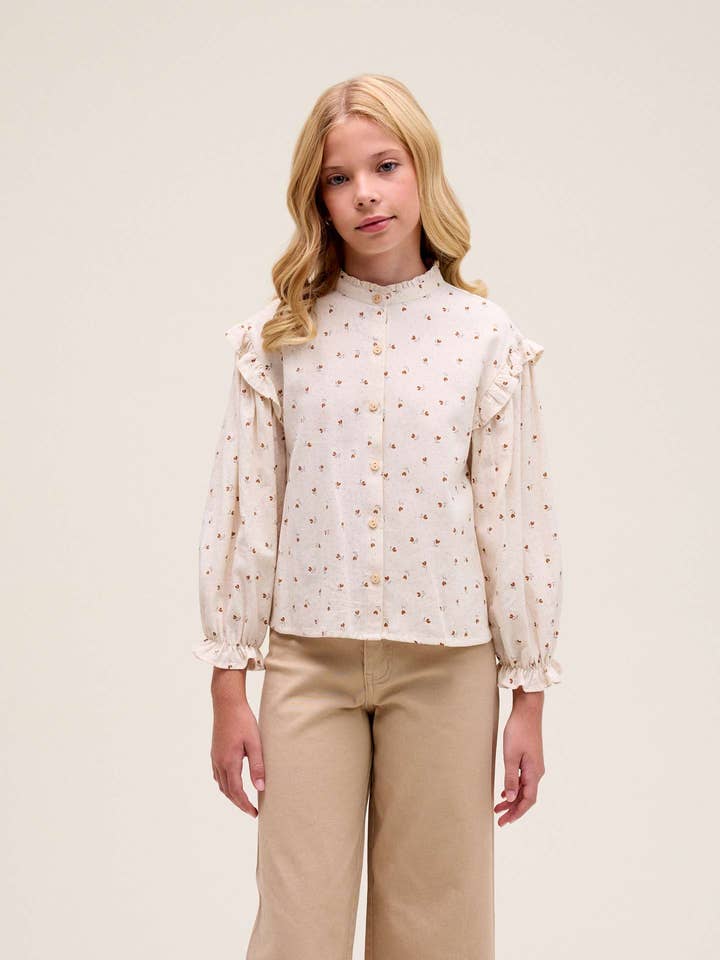 Blouse de fille beige avec des fleurs marron pour la vente par Dadati