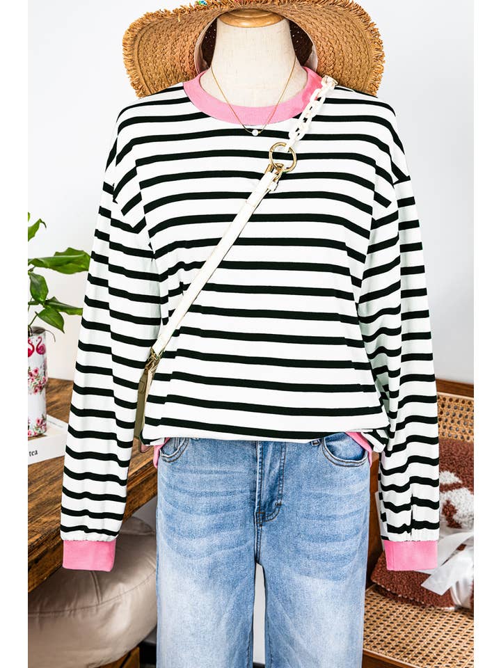 fashionworks - Wholesale Blouse - Women's - Fall Clothing Stripe Contrast Edge Long Sleeve Top Blouse