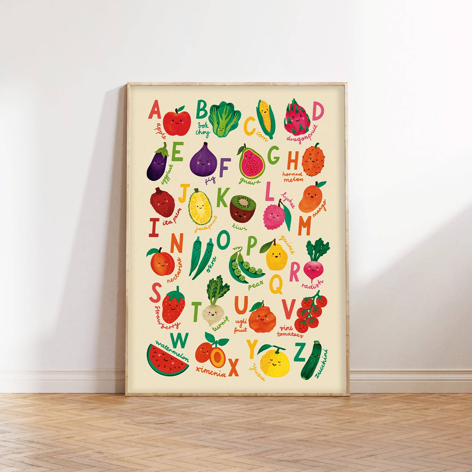 Lauren Sissons Studio – wholesale Art print – Kids & baby – Fruit + Veg A-Z Alphabet Print - Modern Educational Kids Art