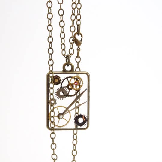 Floating Gears Rectangle Pendant | Hollow Steampunk Necklace for wholesale by Accessory Alchemy