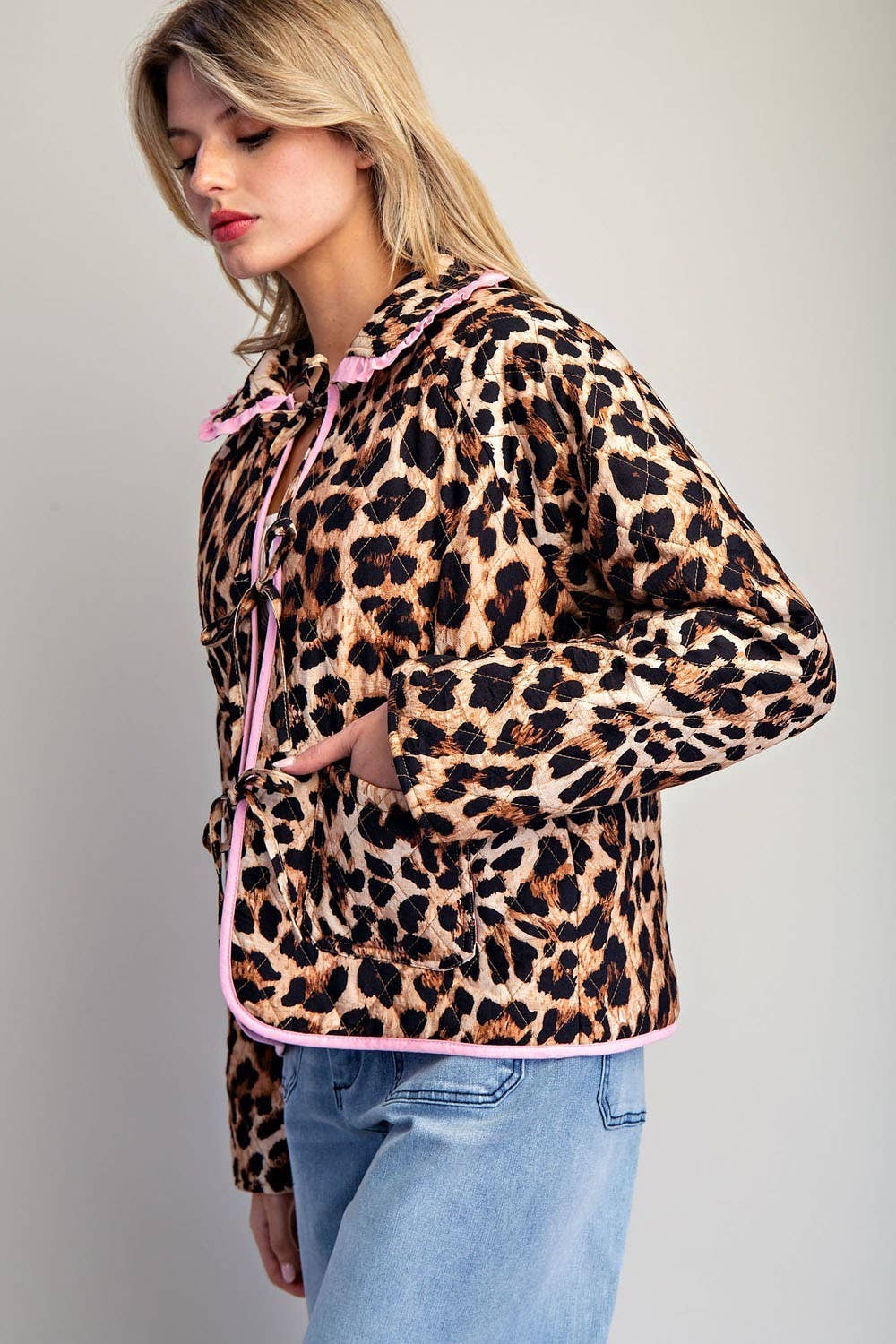 BROWN PL9358 - LEOPARD QUILTED PINK CONTRAST TIE FRONT JACKET for wholesale on Faire3