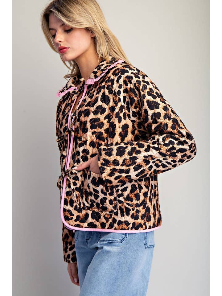BROWN PL9358 - LEOPARD QUILTED PINK CONTRAST TIE FRONT JACKET for wholesale on Faire3