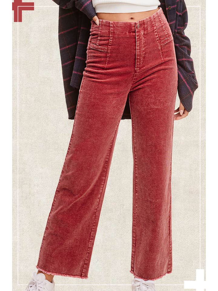 La Miel - Wholesale Pants - Women's - MCP4220-Mineral Washed High Waisted Wide Leg Corduroy Pants8