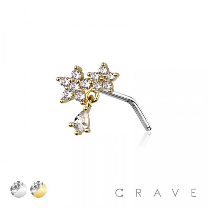 CRAVE BODY JEWELRY - Wholesale Nose Ring - CZ DOUBLE PRONG FLOWER 316L SURGICAL STEEL L-SHAPE NOSE STUD