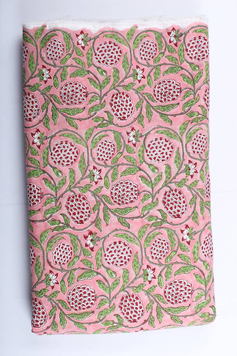 Fabricrush - Wholesale Fabric - Strawberry Pink, Green Indian Hand Block Print Fabric5