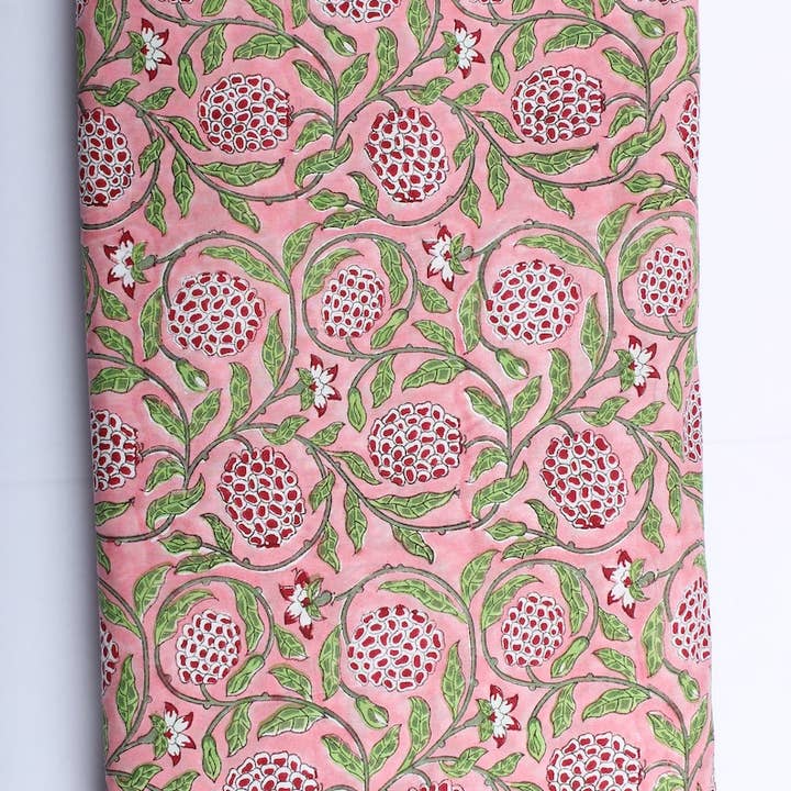 Fabricrush - Wholesale Fabric - Strawberry Pink, Green Indian Hand Block Print Fabric5