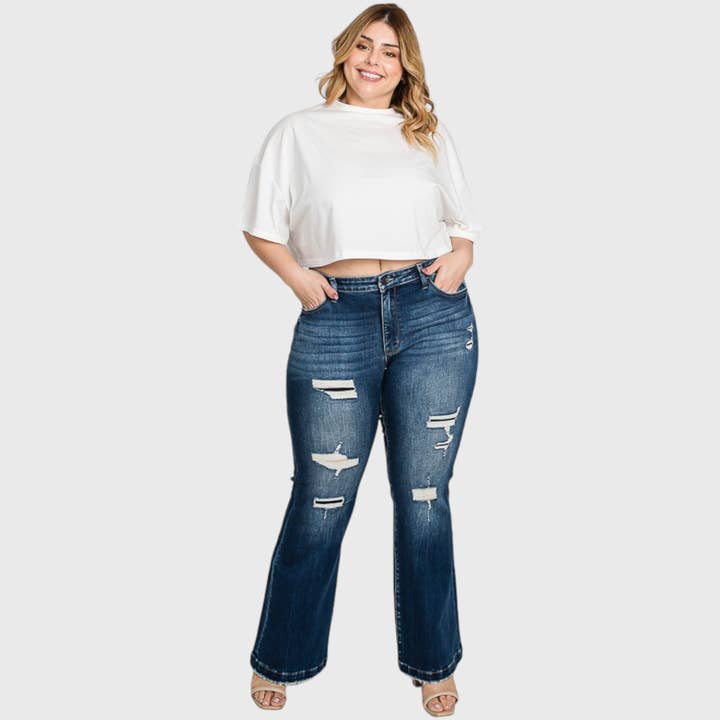 PX221MF-MD (PLUS SIZE) DESTROYED MID RISE STRETCH FLARE for wholesale by Petra153