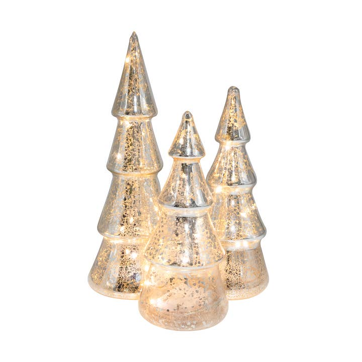 Battery-Operated Mercury Silver Glass Trees, 3ct for wholesale by LumaBase