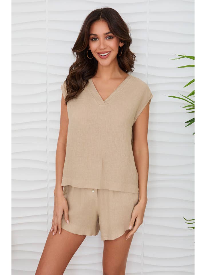 MILIO MILANO - Wholesale Blouse - Women's - V-NECK DOUBLE NECK HEM LINEN SLEEVLESS TOP (155014/13780)