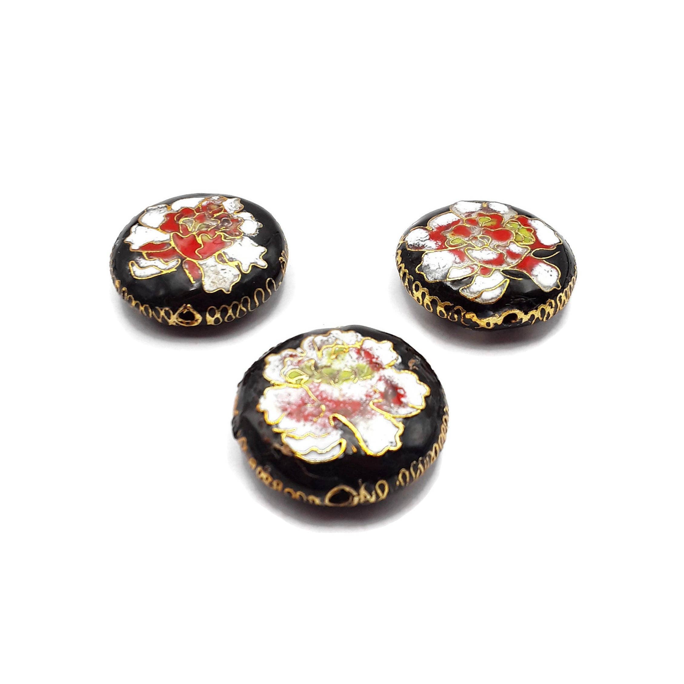 CRCBEADS - Wholesale Individual Charm/Pendant - Vintage Cloisonne Black White Flower Handmade Flat Round Single Bead 28mm3