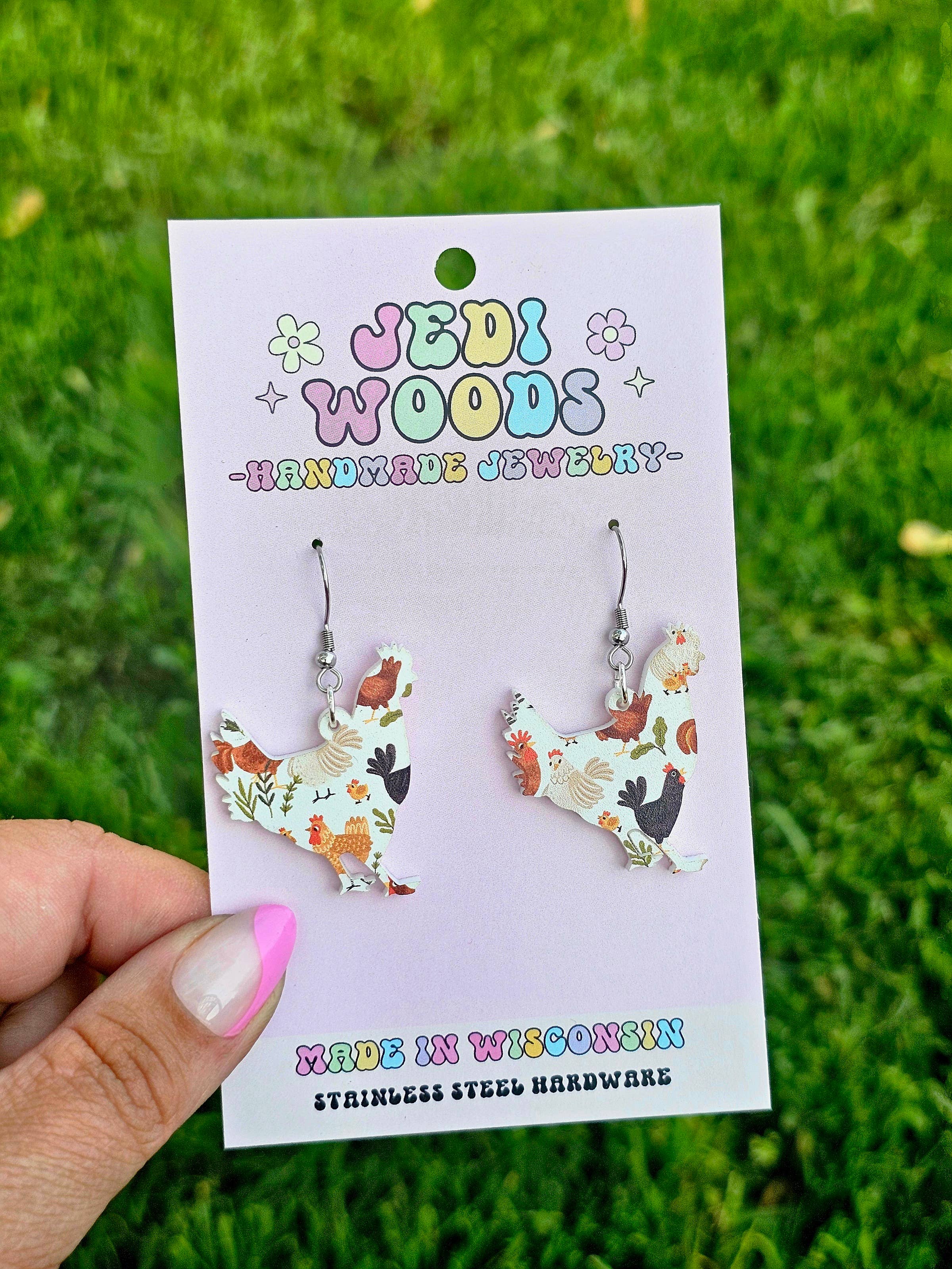 Jedi Woods LLC - Vente Boucles d'oreilles pendantes - Boucles d'oreilles en forme de poulet avec détails en acier inoxydable4