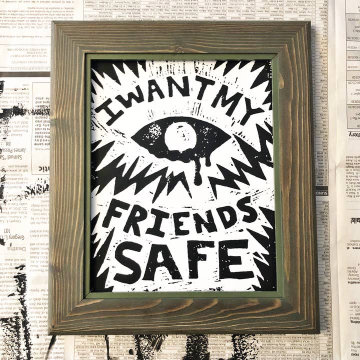 I Want My Friends Safe Linocut Print • 8x10 Black/White for wholesale by Johnna Joy Designs