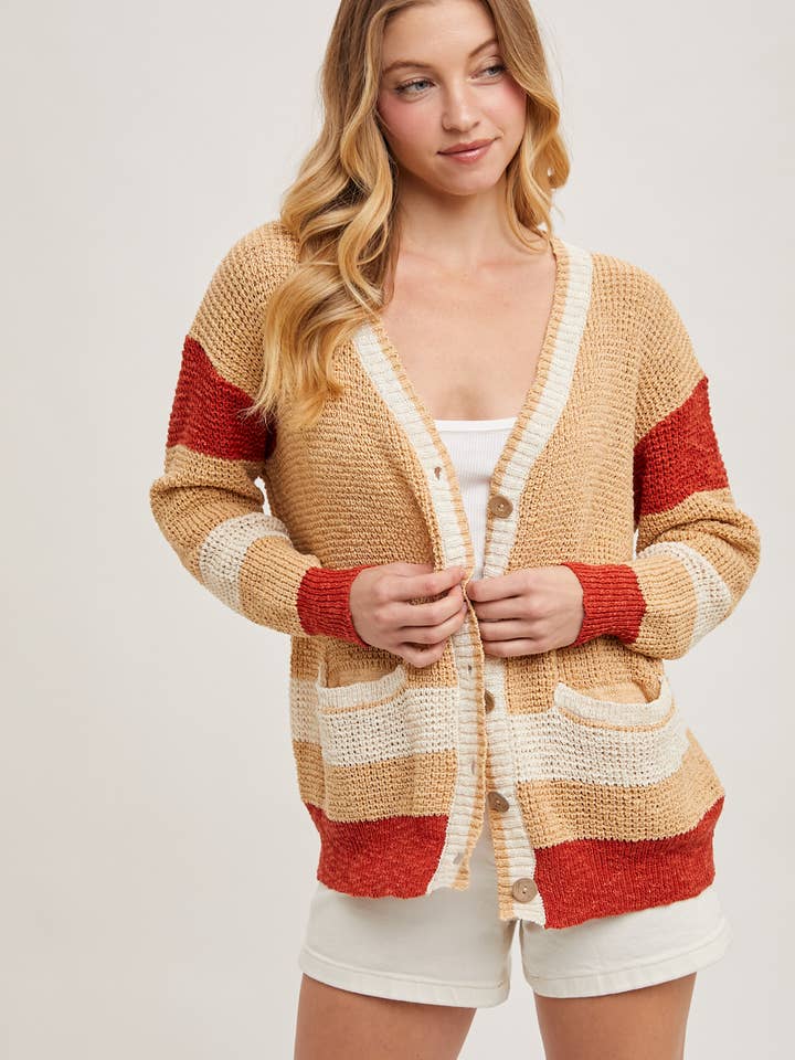 Bluivy - Wholesale Cardigan - Women's - COLOR BLOCK BUTTON DOWN KNIT SWEATER CARDIGAN12