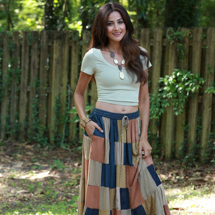 Sacred Threads - Wholesale Skirt - Women's - Earth-Tone Denim Skirt: Patchwork Color block