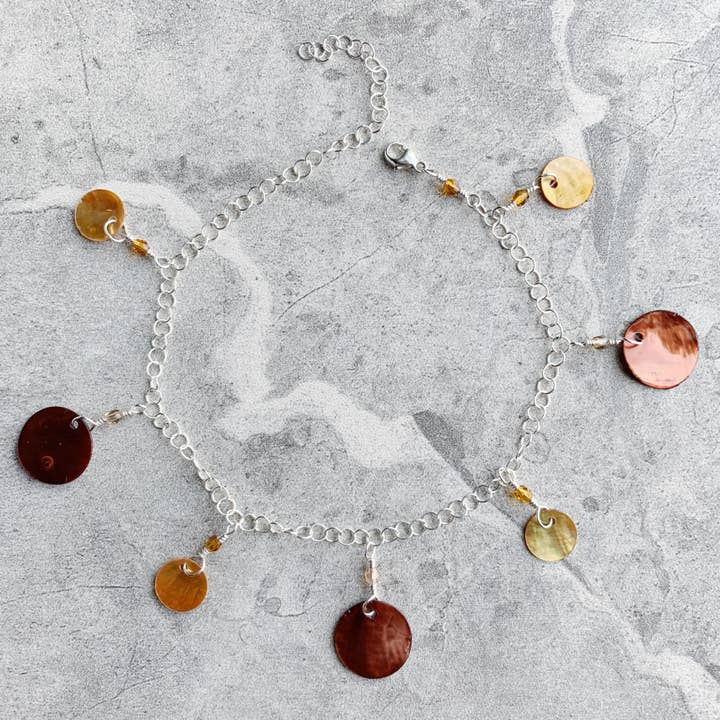 Jubilant - Tan Brown Mussel Shell Coin Anklet - Sterling for wholesale by LITVA'S Jewelry