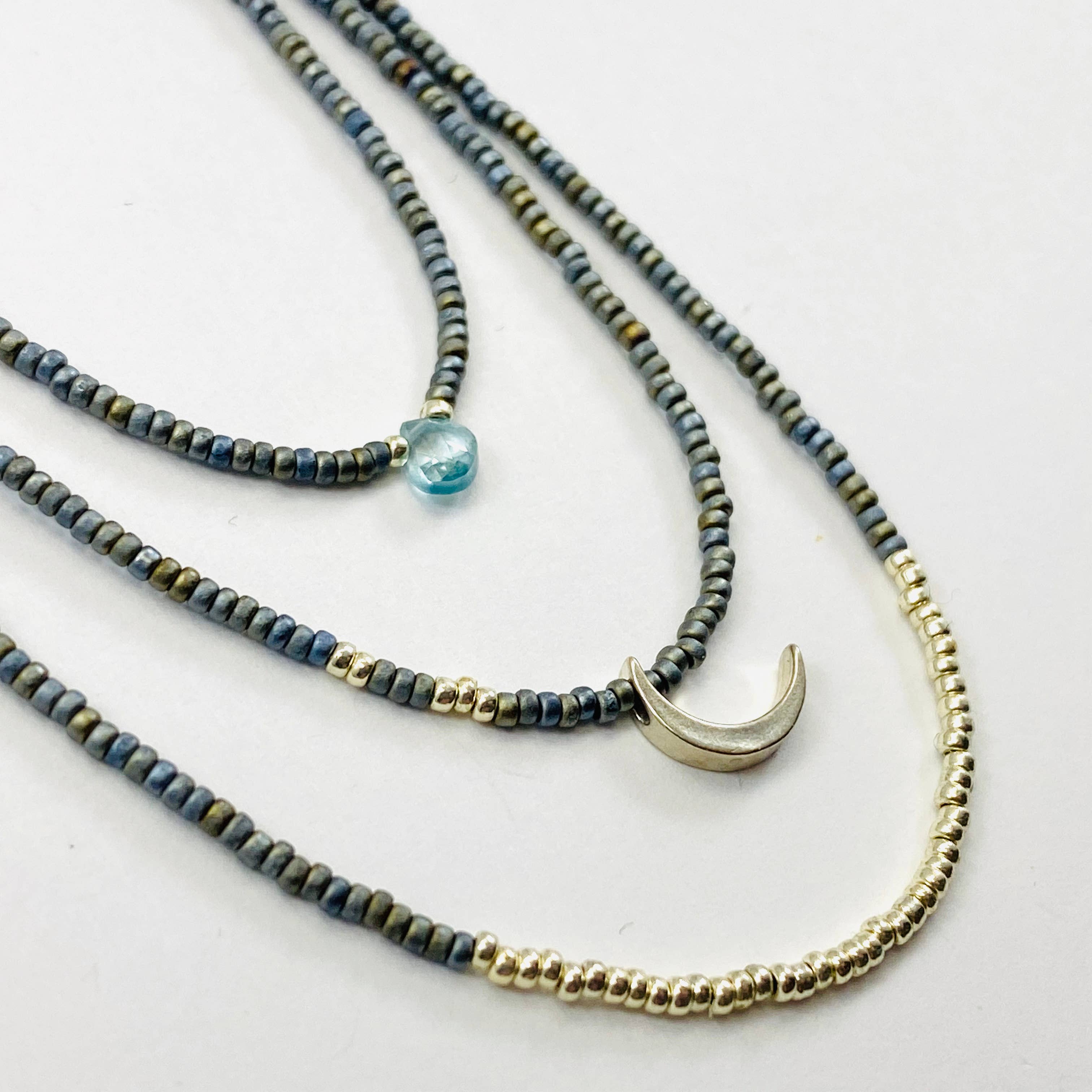 Sarah Crawford Handcrafted - Wholesale Jewelry Set - Grays Triple Beaded Necklace Set - Zircon & Silver Crescent3