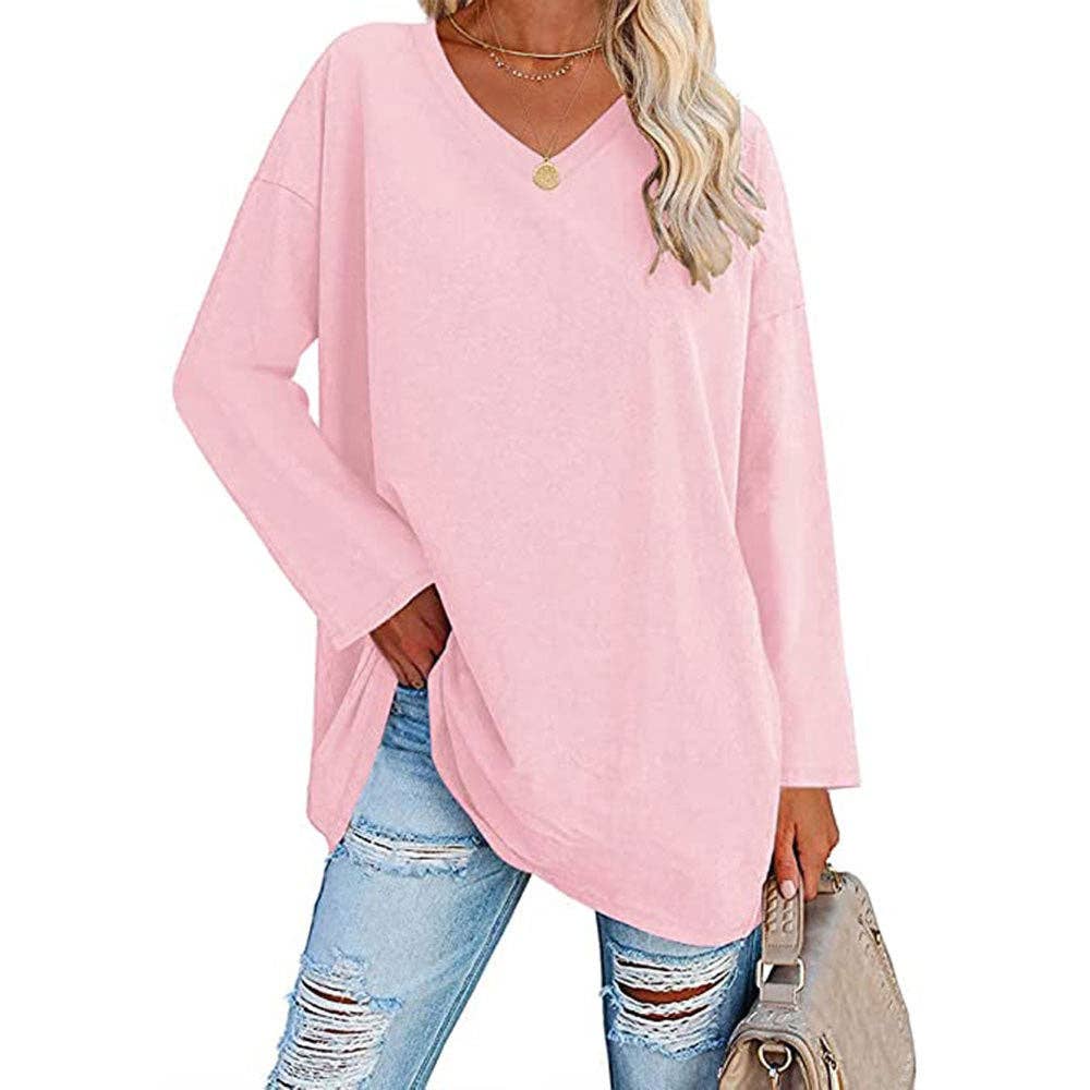 pinkblu02 – Großhandel Tunika – Damen – Damen Freizeit einfarbiges V-Ausschnitt Langarm T-Shirt ohne Aufdruck5