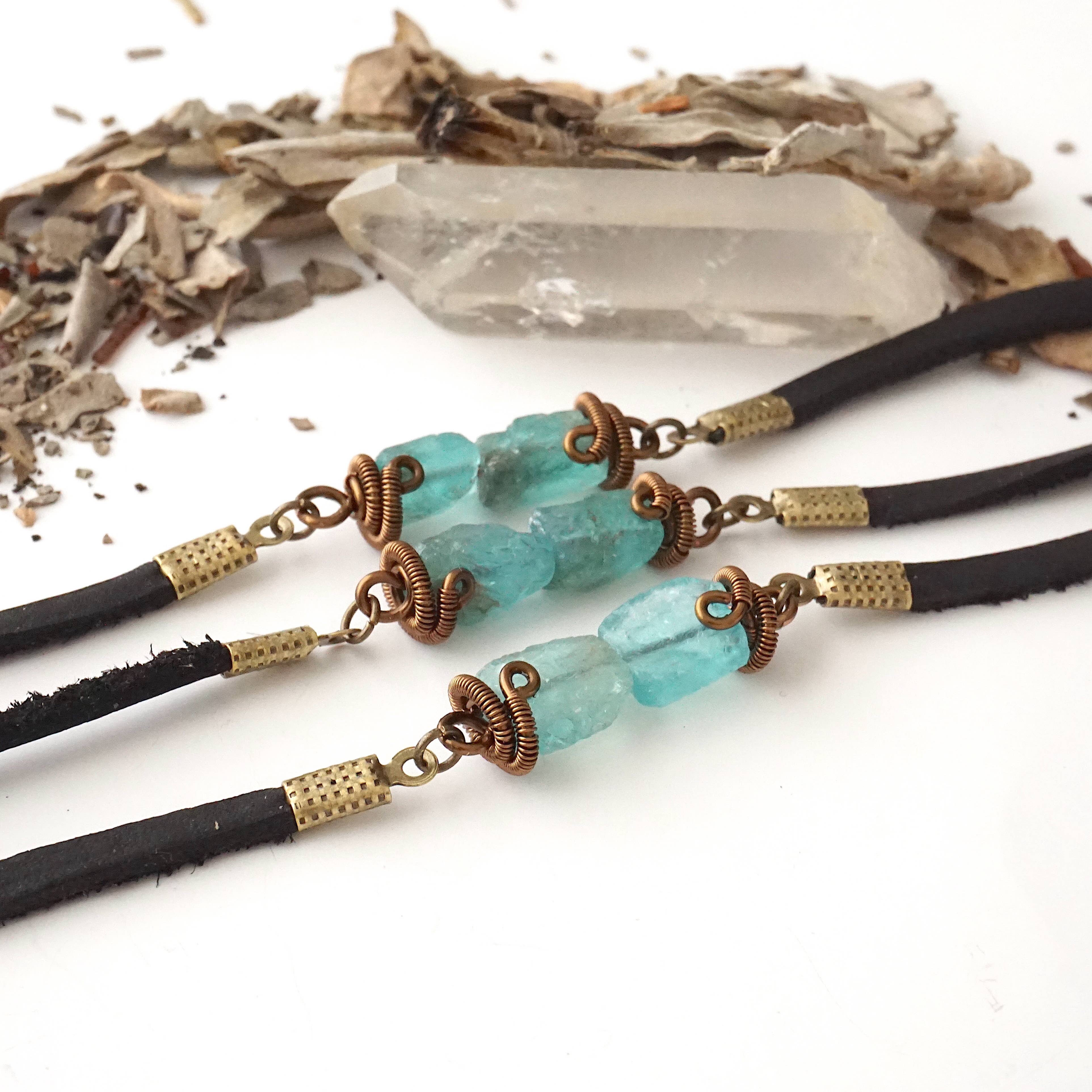Raw Stone Elegance - Wholesale Charm/Dangle Bracelet - Raw Apatite Bracelet, Leather Jewelry, December Crystal4