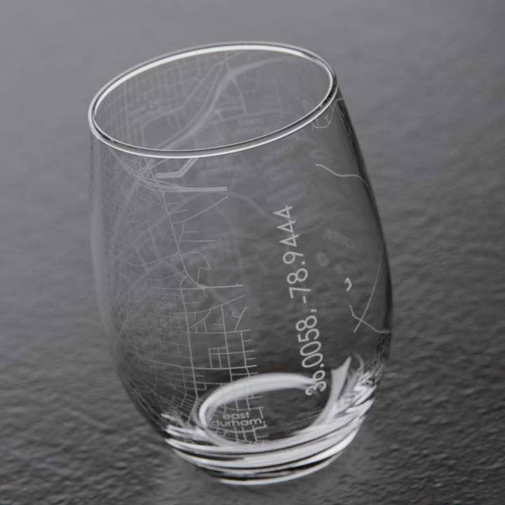 Well Told - Wholesale Wine Glass - Durham NC - Duke Uni College Town Map Stemless Wine Glass