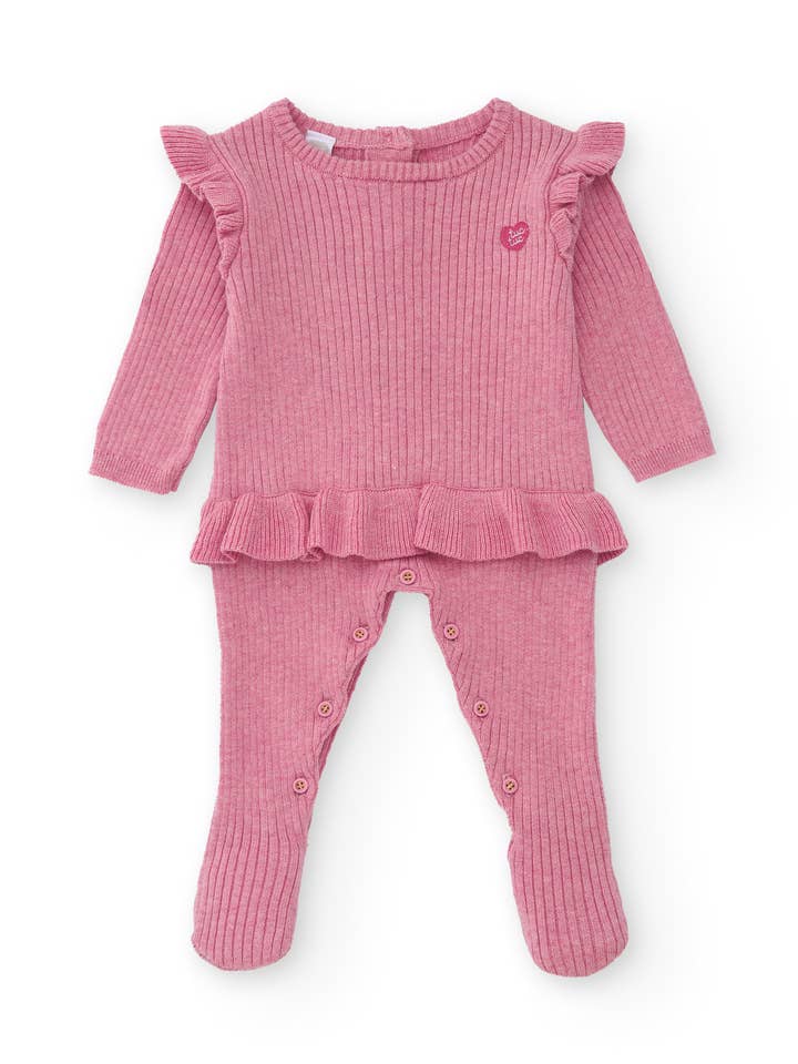 Knitted romper for girls in pink with decorative ruffles for wholesale by tuc tuc