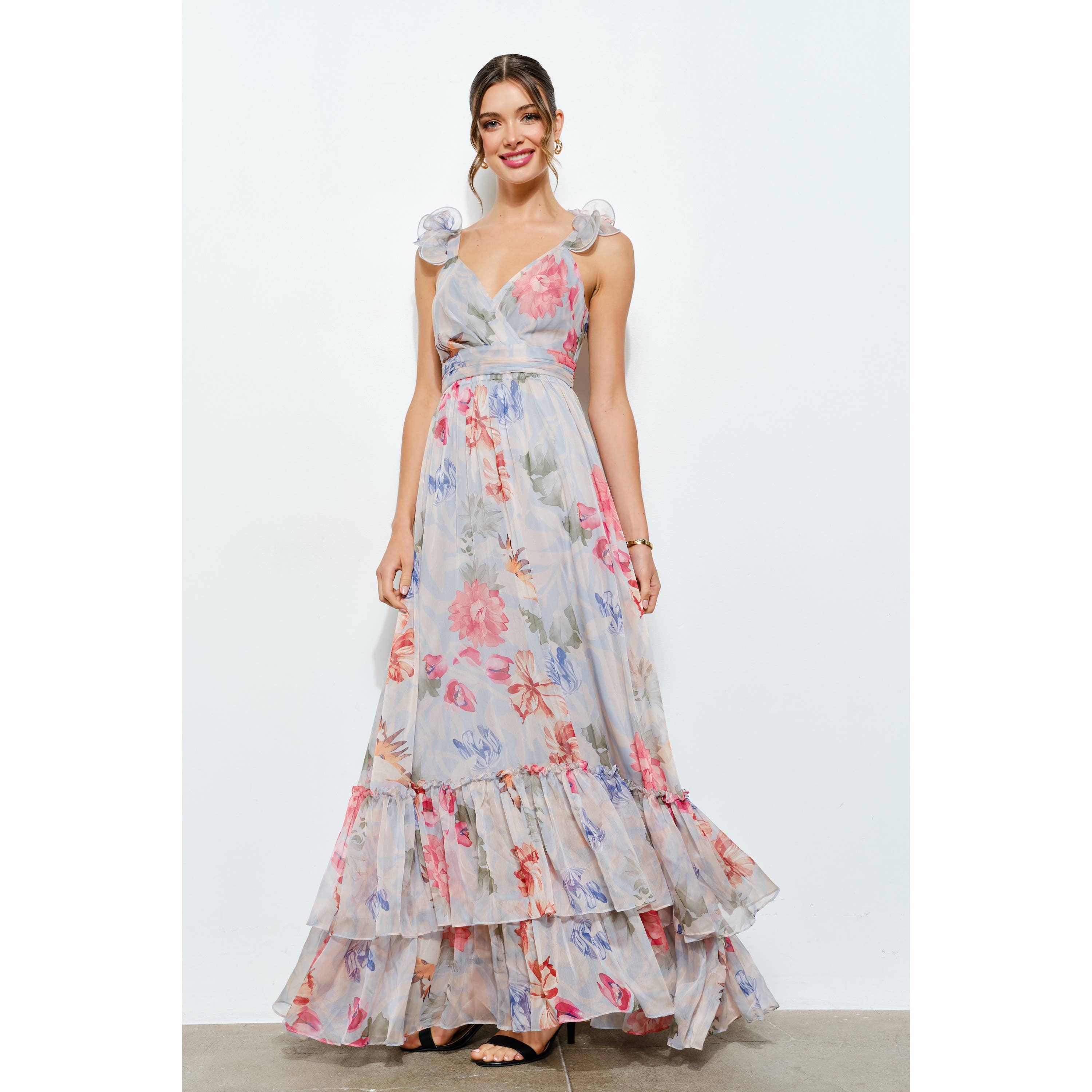 INA - Vendita all'ingrosso Vestito - Donna - Abito lungo a balze in chiffon floreale con spalle arricciate21